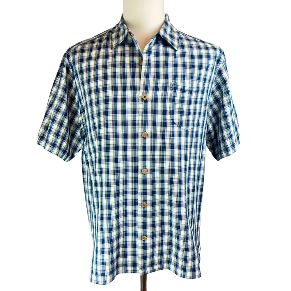 TOMMY BAHAMA Blue White Silk Plaid Short Sleeve‎ Shirt Large Camp Button Casual